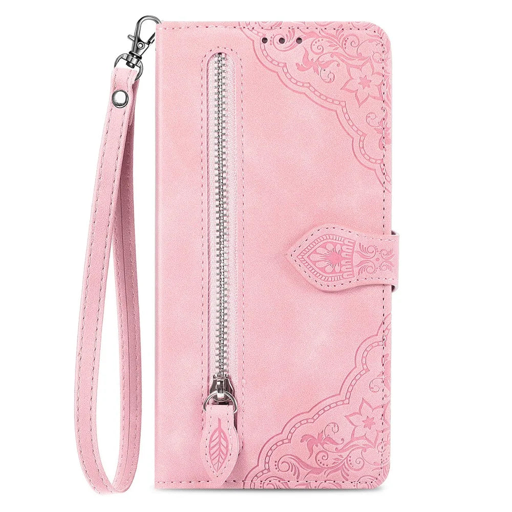 For Samsung Galaxy S24 Zipper Wallet Case with Strap Flower Imprint PU Leather Phone Cover - Pink - 6