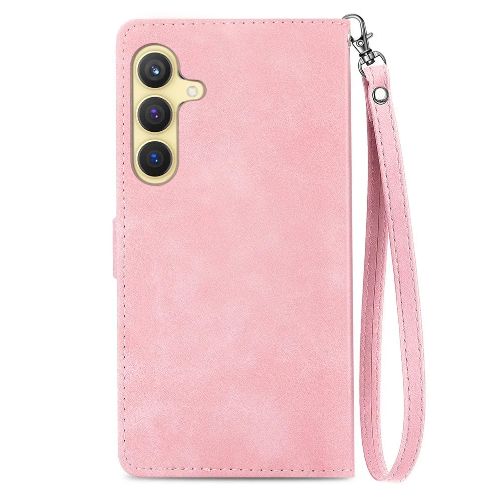 For Samsung Galaxy S24 Zipper Wallet Case with Strap Flower Imprint PU Leather Phone Cover - Pink - 7