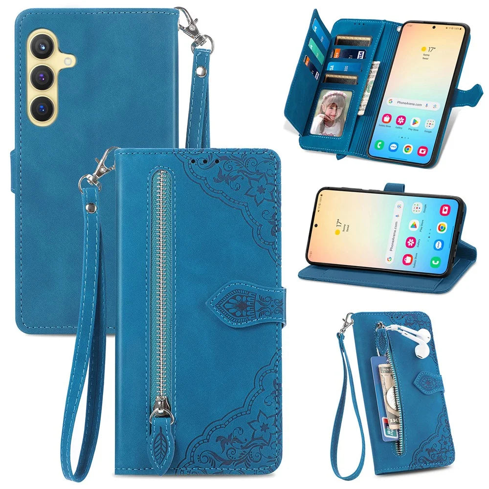 For Samsung Galaxy S24+ Zipper Wallet Case with Strap Flower Imprint PU Leather Phone Cover - Blue - 1