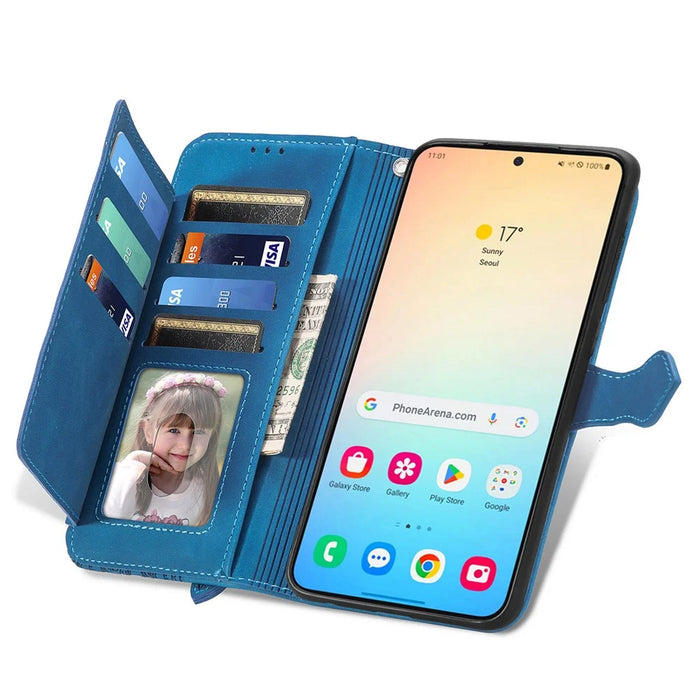 For Samsung Galaxy S24+ Zipper Wallet Case with Strap Flower Imprint PU Leather Phone Cover - Blue - 2