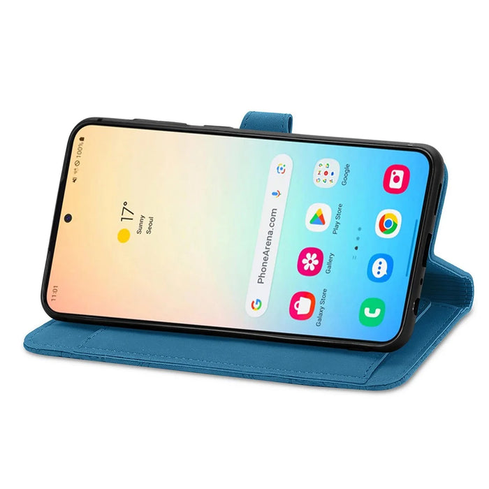 For Samsung Galaxy S24+ Zipper Wallet Case with Strap Flower Imprint PU Leather Phone Cover - Blue - 3