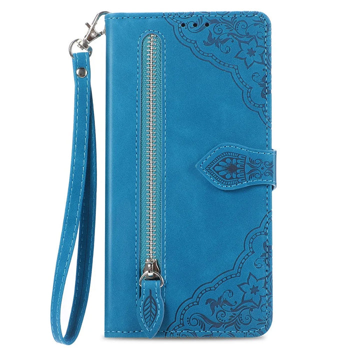 For Samsung Galaxy S24+ Zipper Wallet Case with Strap Flower Imprint PU Leather Phone Cover - Blue - 5