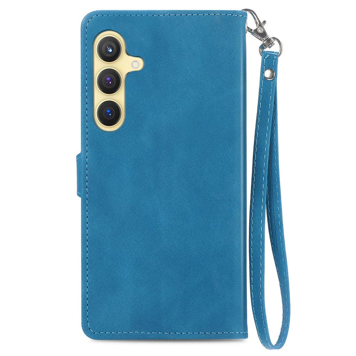 For Samsung Galaxy S24+ Zipper Wallet Case with Strap Flower Imprint PU Leather Phone Cover - Blue - 6
