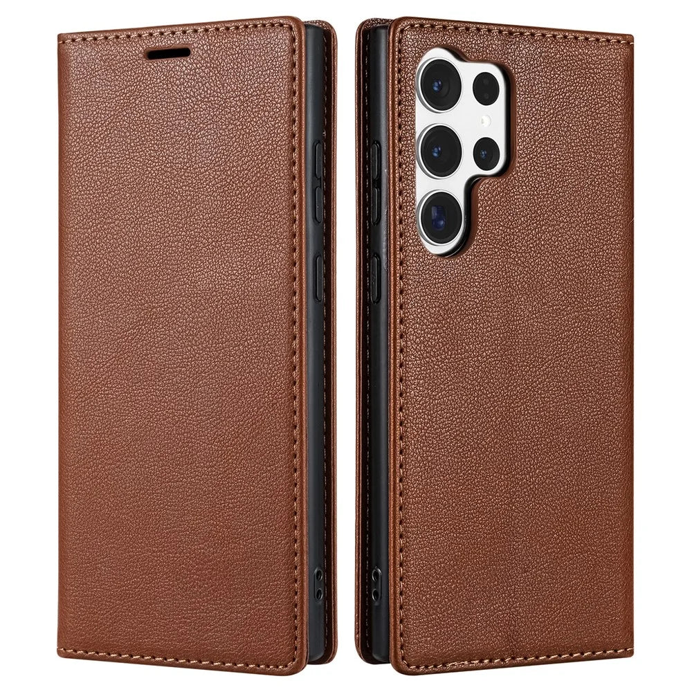 BKS-001 For Samsung Galaxy S23 Ultra Case Magnetic Auto Closing Wallet Phone Cover - Brown - 1
