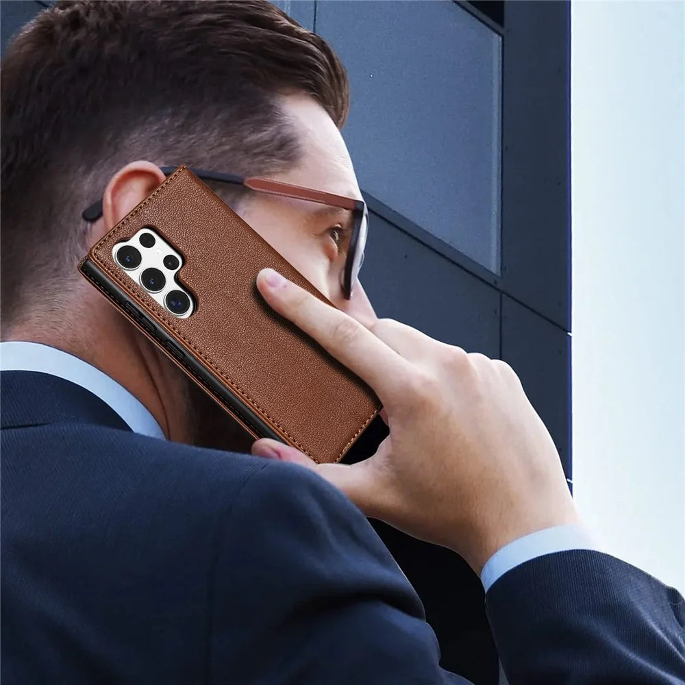 BKS-001 For Samsung Galaxy S23 Ultra Case Magnetic Auto Closing Wallet Phone Cover - Brown - 7