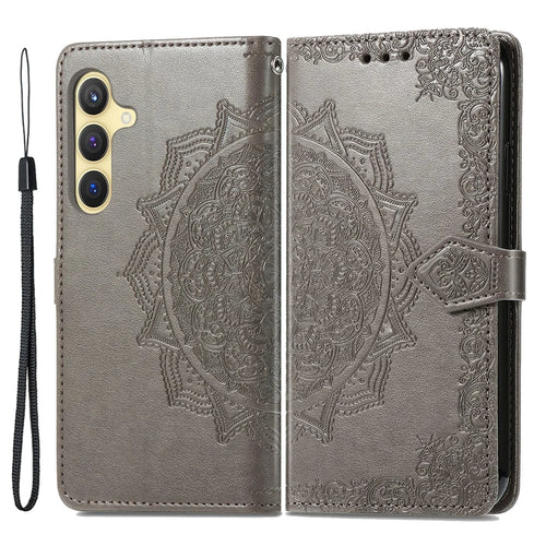 For Samsung Galaxy S24 Phone Case PU Leather Embossed Mandala Wallet Cover - Grey - 1