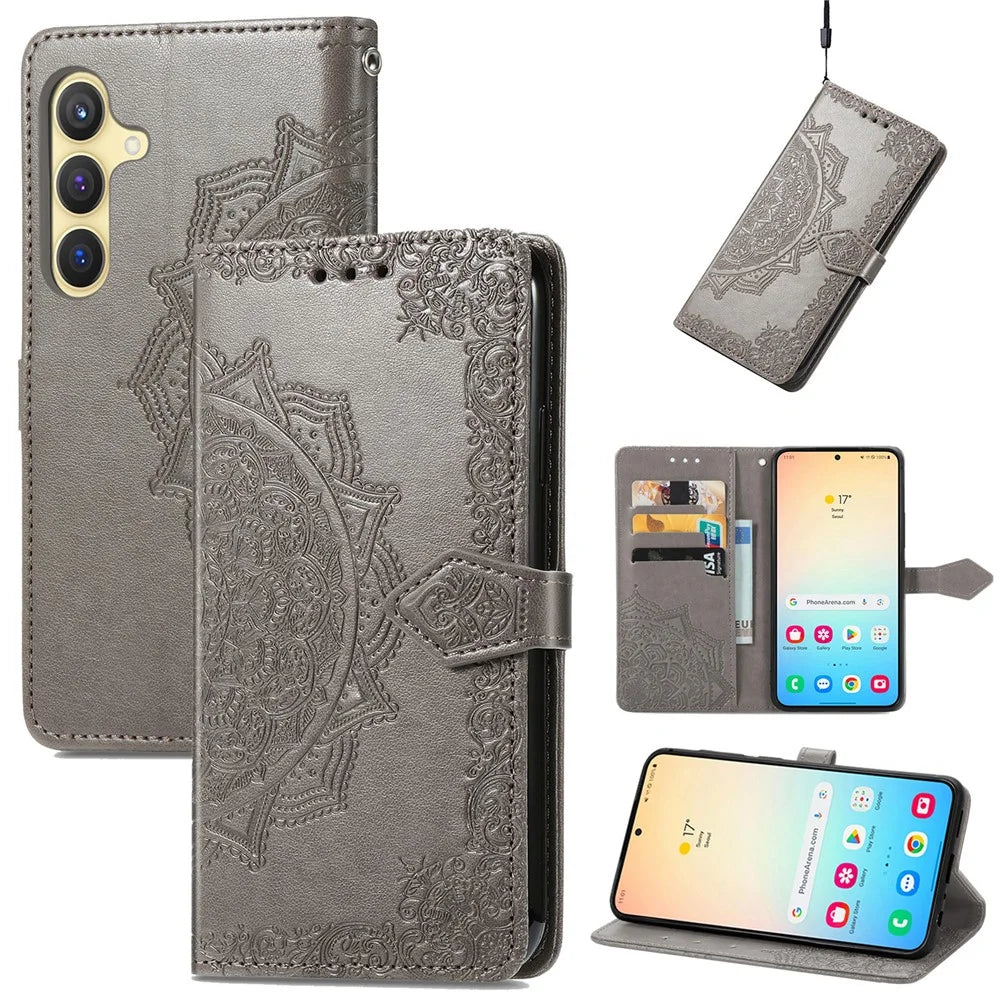 For Samsung Galaxy S24 Phone Case PU Leather Embossed Mandala Wallet Cover - Grey - 4