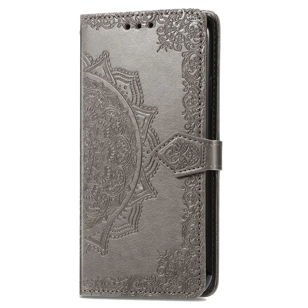 For Samsung Galaxy S24 Phone Case PU Leather Embossed Mandala Wallet Cover - Grey - 5
