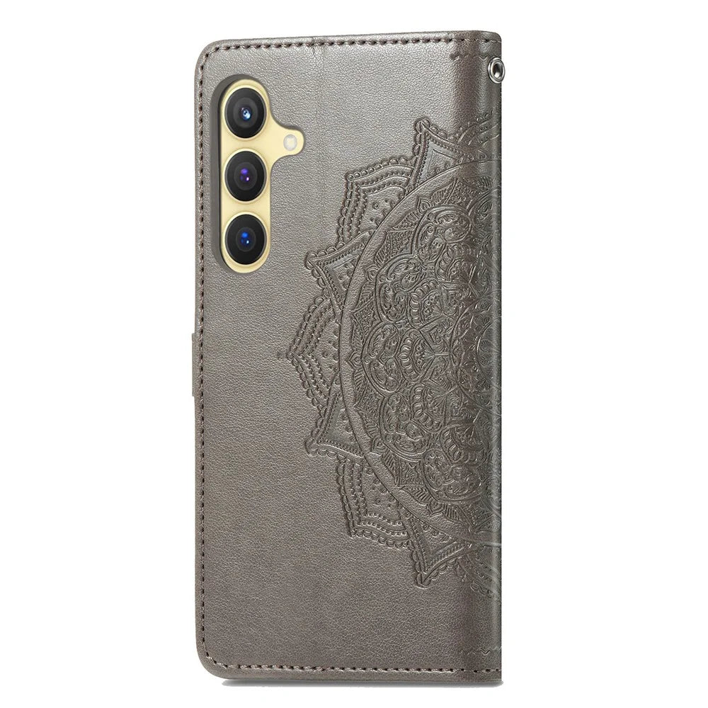 For Samsung Galaxy S24 Phone Case PU Leather Embossed Mandala Wallet Cover - Grey - 6