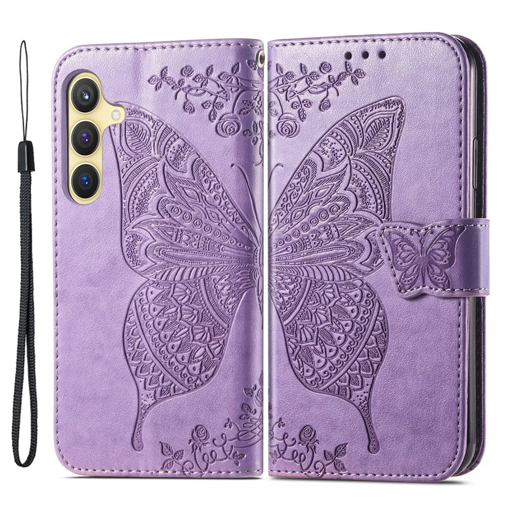 For Samsung Galaxy S24 Case Butterfly Pattern Leather Wallet Cover - Light Purple - 1