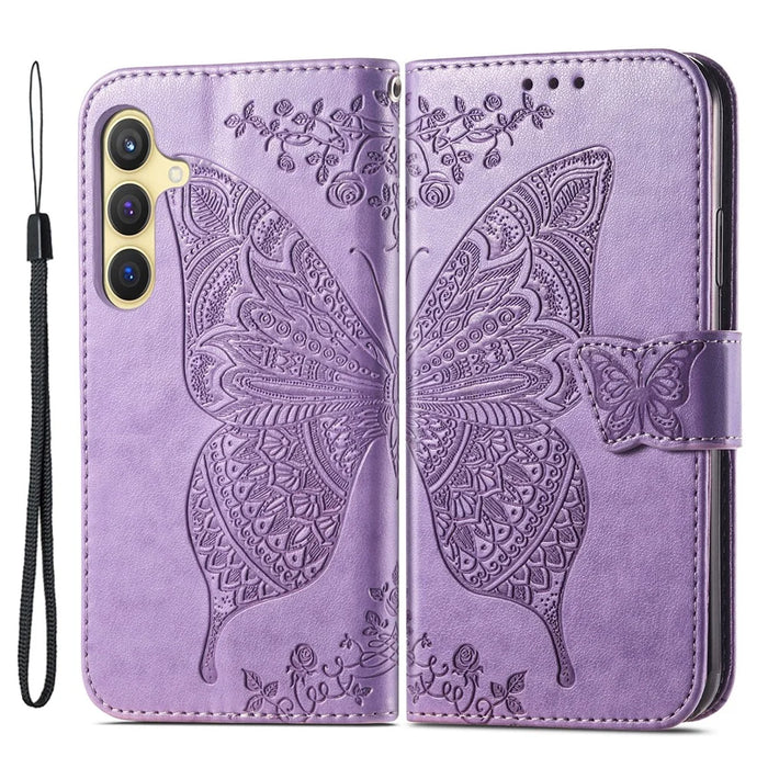 For Samsung Galaxy S24 Case Butterfly Pattern Leather Wallet Cover - Light Purple - 1