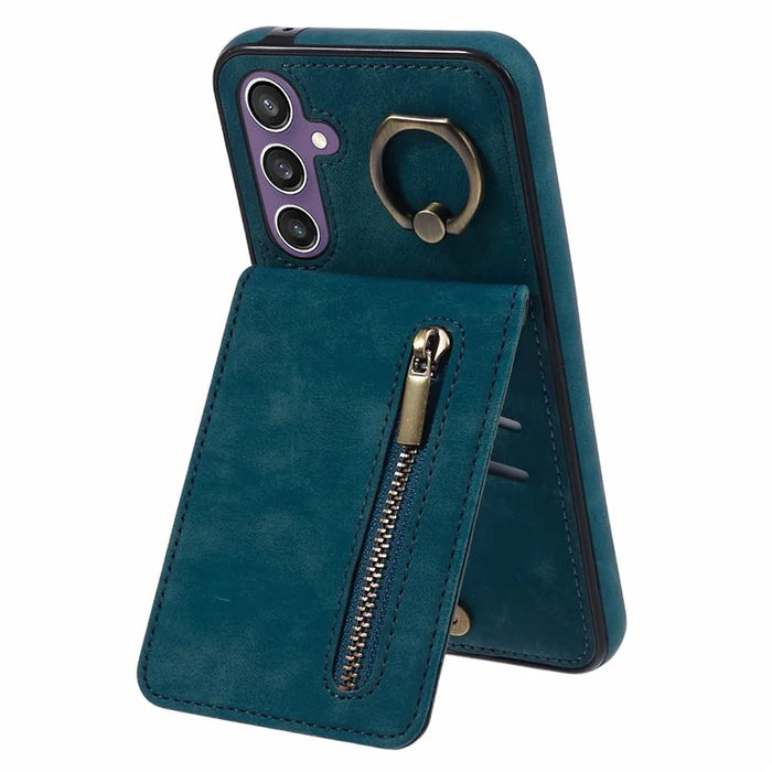 For Samsung Galaxy S24+ Magnetic Case Retro PU+TPU Kickstand Back Cover - Blue - 1
