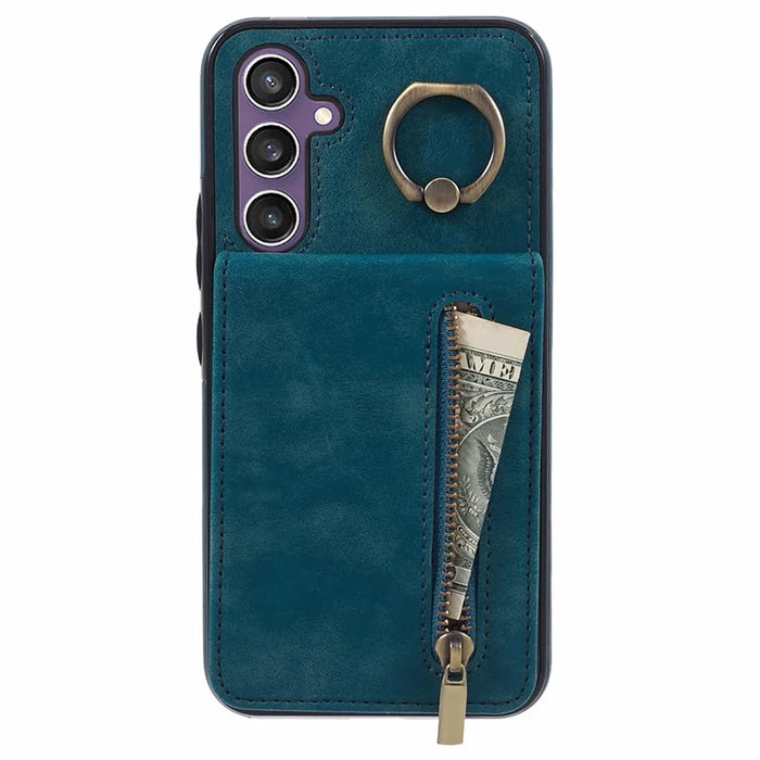 For Samsung Galaxy S24+ Magnetic Case Retro PU+TPU Kickstand Back Cover - Blue - 2