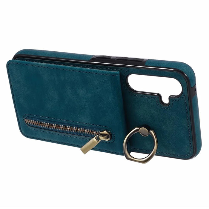 For Samsung Galaxy S24+ Magnetic Case Retro PU+TPU Kickstand Back Cover - Blue - 5