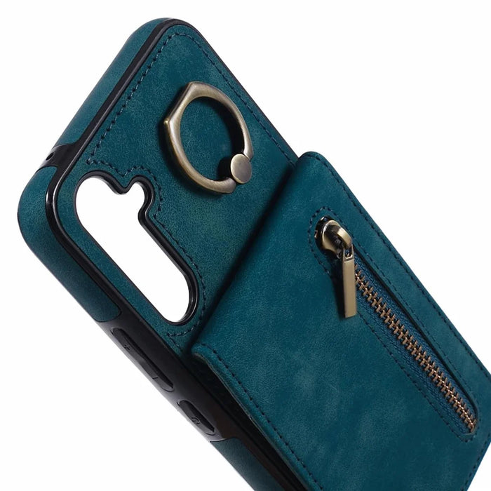 For Samsung Galaxy S24+ Magnetic Case Retro PU+TPU Kickstand Back Cover - Blue - 7