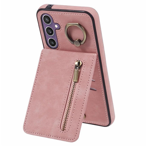 For Samsung Galaxy A14 5G /  A14 4G Case Retro PU+TPU Zippered Wallet Phone Cover - Pink - 1