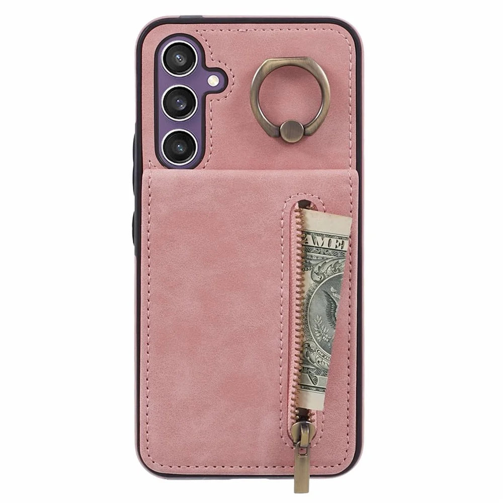 For Samsung Galaxy A54 5G Case  RFID Blocking Retro Texture PU+TPU Phone Cover with Card Slots - Pink - 2