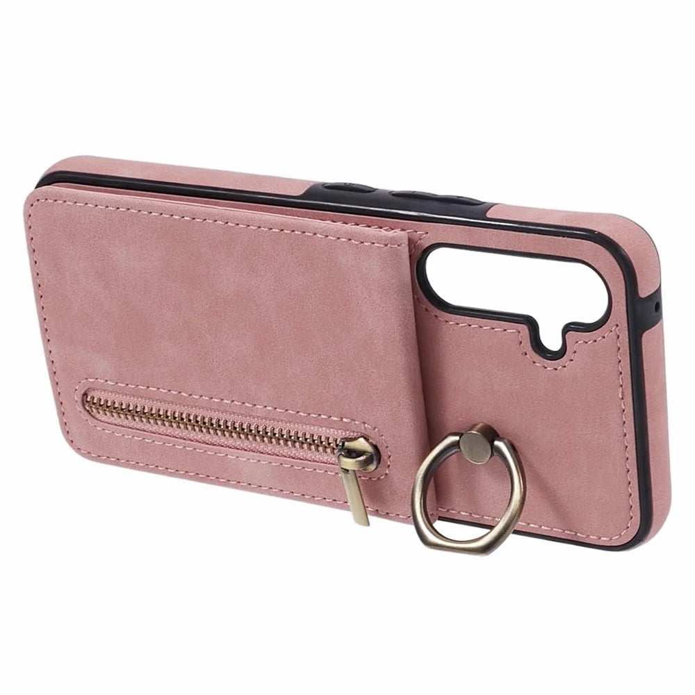 For Samsung Galaxy A54 5G Case  RFID Blocking Retro Texture PU+TPU Phone Cover with Card Slots - Pink - 5