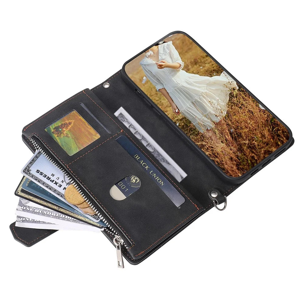 For Samsung Galaxy A55 5G Wallet Case Rhombus PU Leather Flip Phone Cover with Strap - Black - 3
