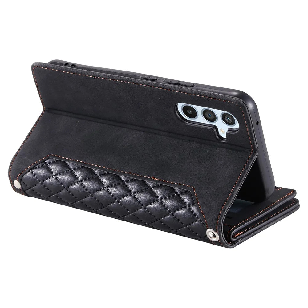 For Samsung Galaxy A55 5G Wallet Case Rhombus PU Leather Flip Phone Cover with Strap - Black - 4