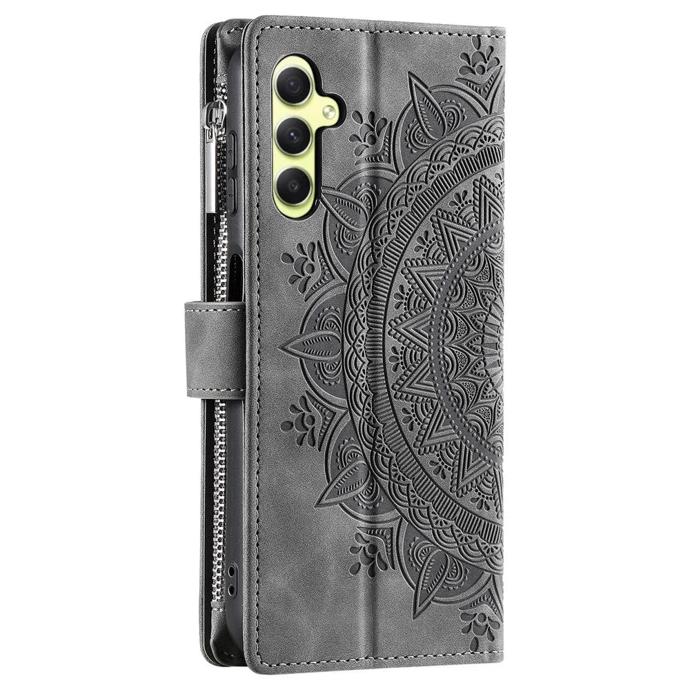 For Samsung Galaxy A55 5G Phone Case Mandala Pattern Leather Cover with Strap - Grey - 7