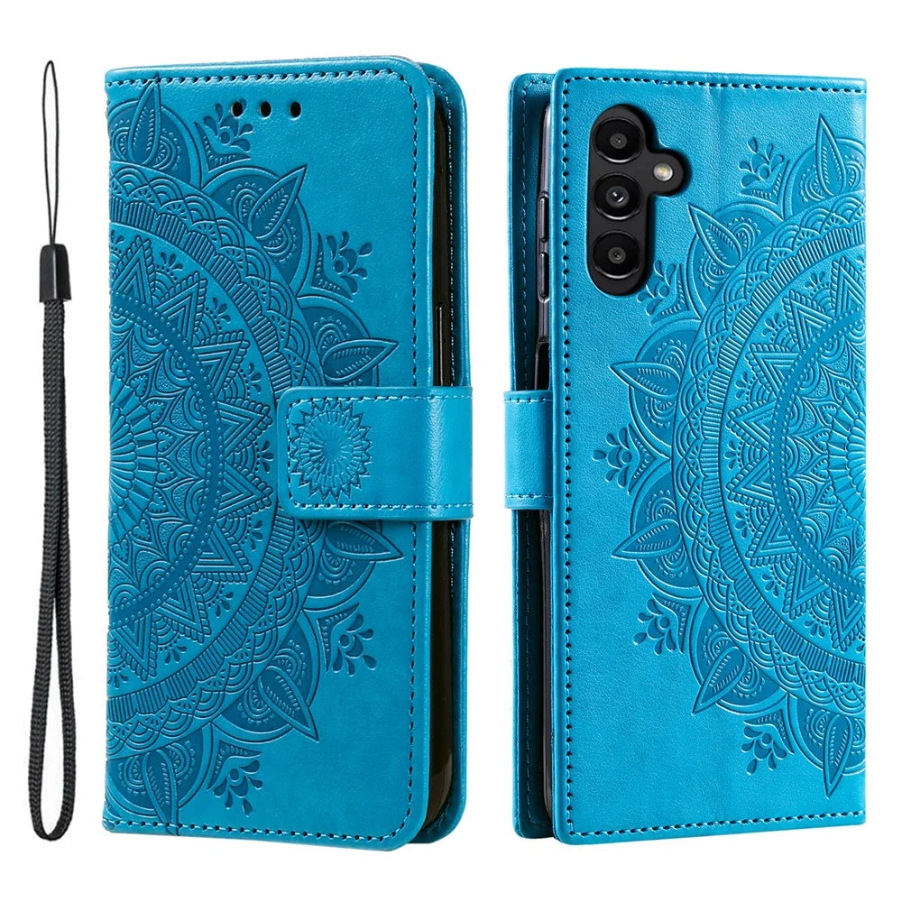 For Samsung Galaxy A35 5G Wallet Case Mandala Pattern Flower PU Leather Phone Cover - Blue - 1