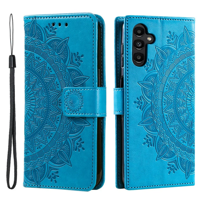 For Samsung Galaxy A35 5G Wallet Case Mandala Pattern Flower PU Leather Phone Cover - Blue - 1