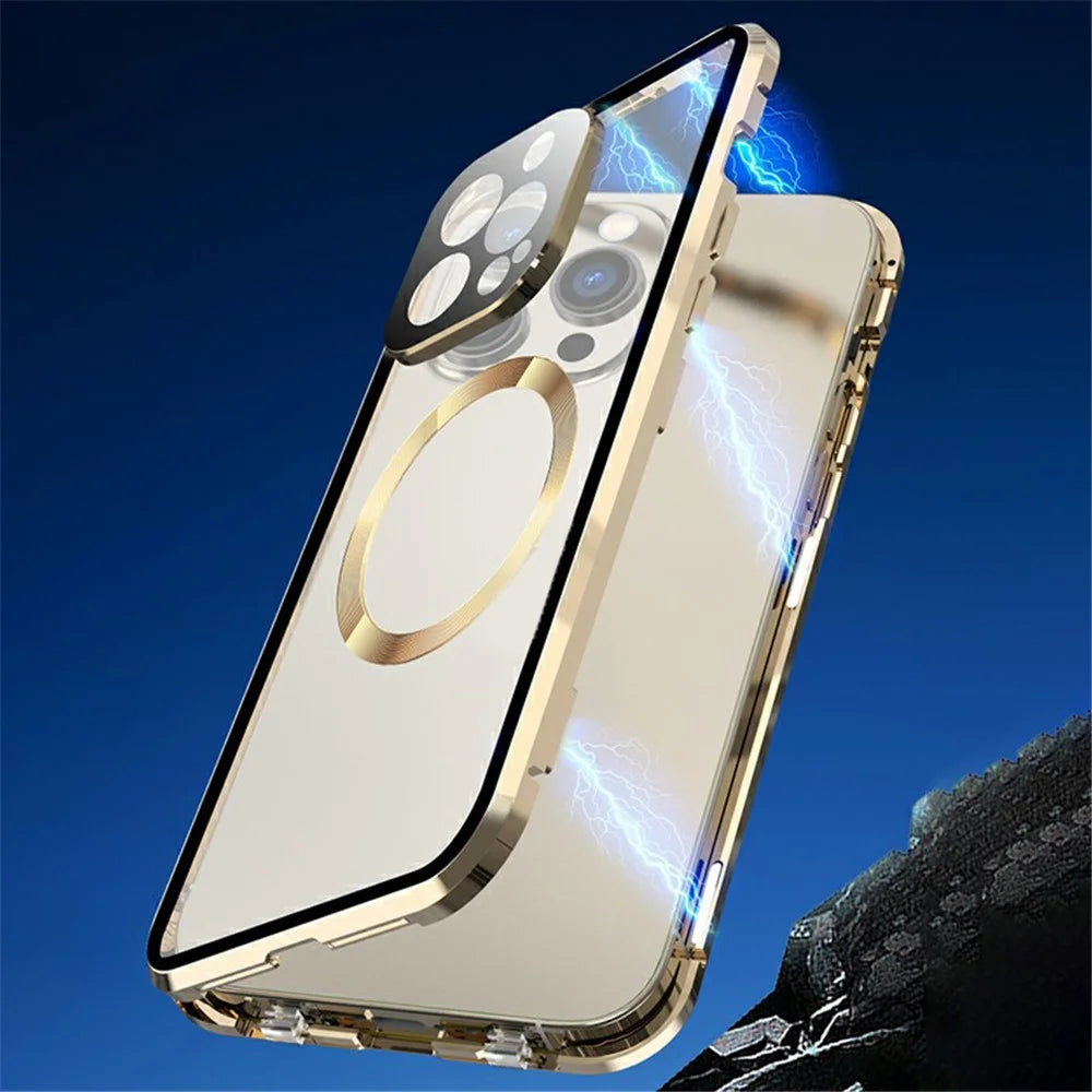 Magnetic Case for iPhone 14 Pro Compatible with MagSafe Double Sided Clear Tempered Glass Phone Cover - Gold - 2