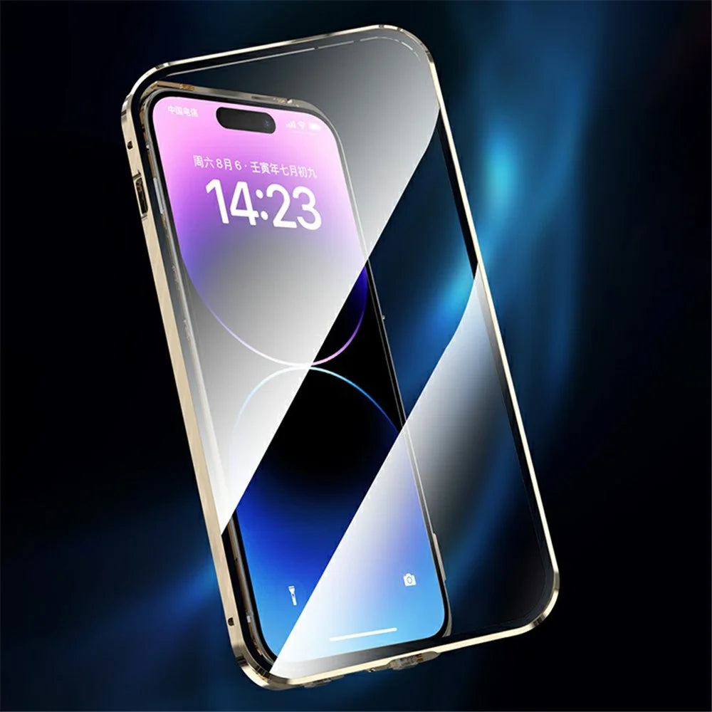 Magnetic Case for iPhone 14 Pro Compatible with MagSafe Double Sided Clear Tempered Glass Phone Cover - Gold - 3