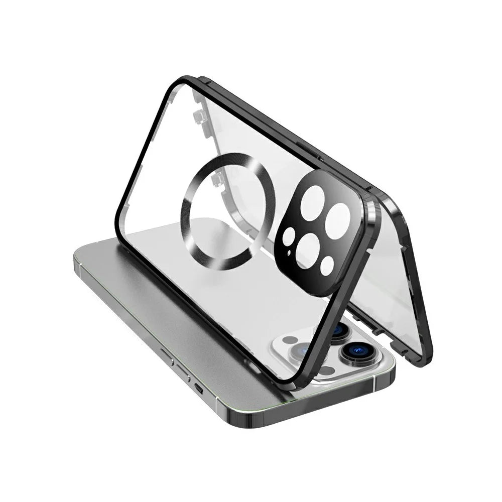For iPhone 14 Pro Max Clear Phone Case Tempered Glass Full Protection Magnetic Adsorption Cover - Black - 1