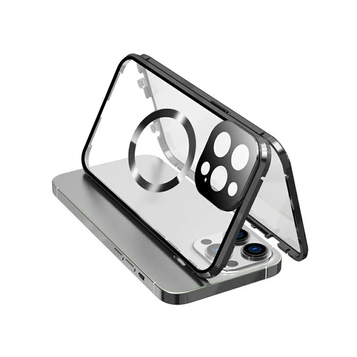 For iPhone 14 Pro Max Clear Phone Case Tempered Glass Full Protection Magnetic Adsorption Cover - Black - 1