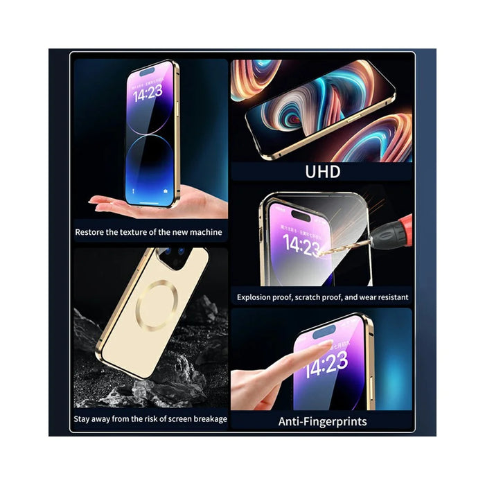 For iPhone 14 Pro Max Clear Phone Case Tempered Glass Full Protection Magnetic Adsorption Cover - Black - 6
