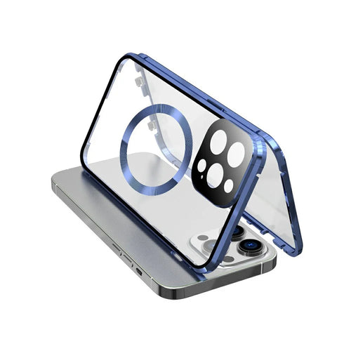 Case for iPhone 13 Pro Max Tempered Glass+Magnetic Adsorption Metal Phone Cover with Safety Lock - Dark Blue - 1