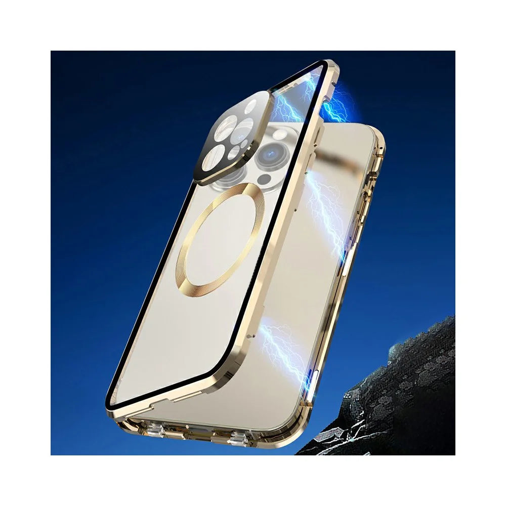 Case for iPhone 13 Pro Max Tempered Glass+Magnetic Adsorption Metal Phone Cover with Safety Lock - Dark Blue - 2
