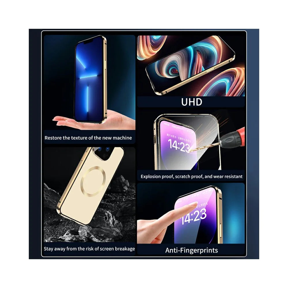 Case for iPhone 13 Pro Max Tempered Glass+Magnetic Adsorption Metal Phone Cover with Safety Lock - Dark Blue - 6