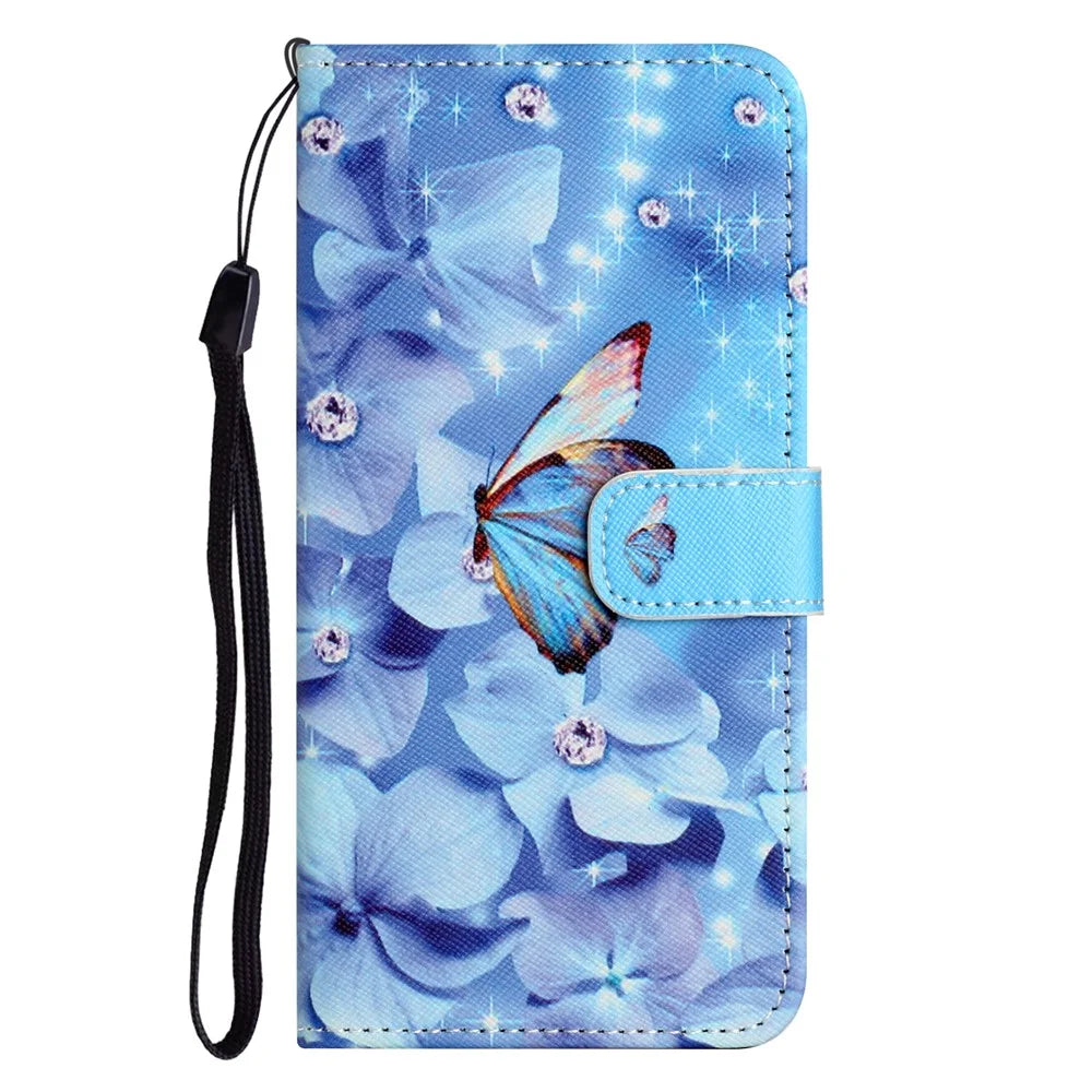 For Samsung Galaxy A55 5G Protective Case 3D Crosshatch PU Leather Wallet Cover - Flower and Butterfly - 5