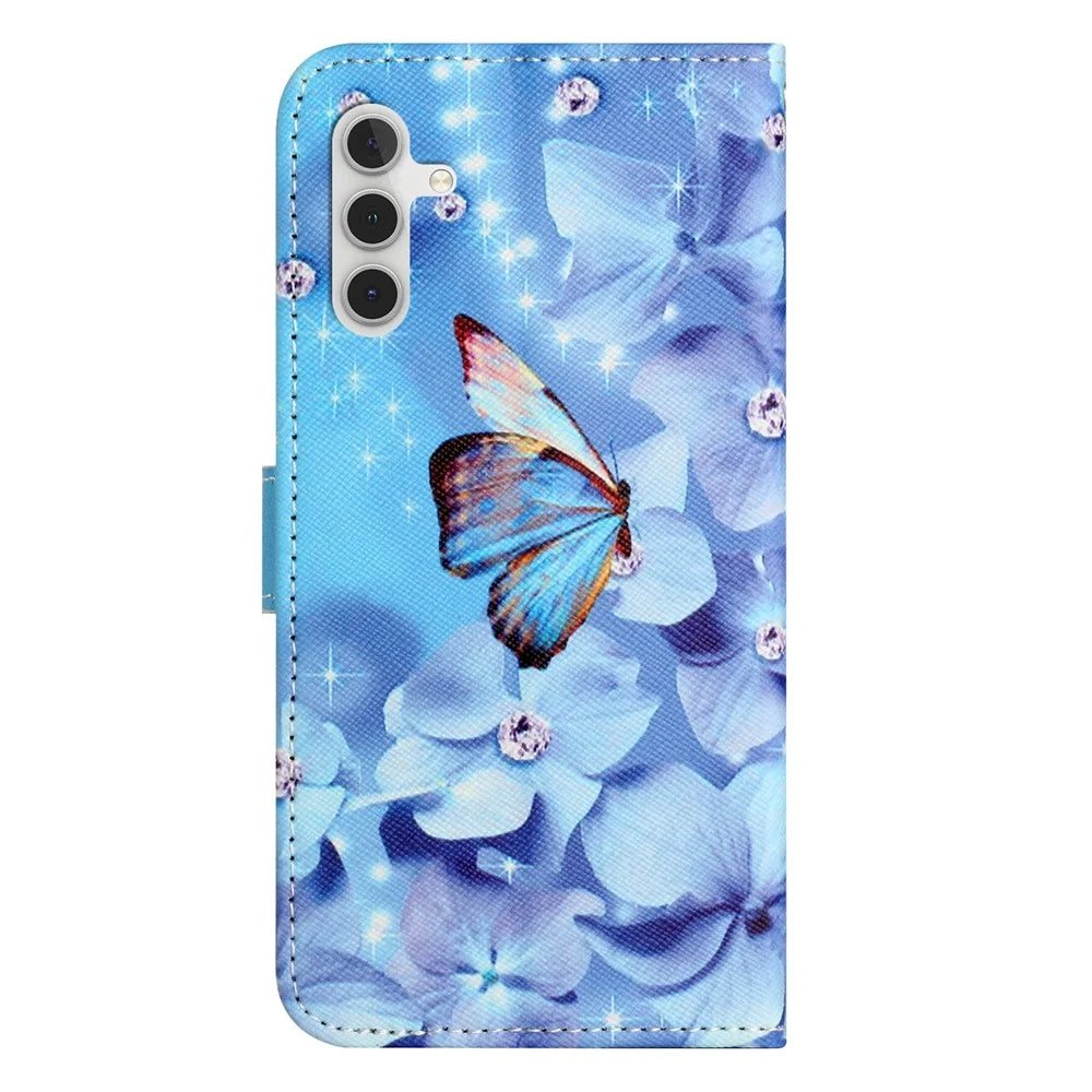 For Samsung Galaxy A55 5G Protective Case 3D Crosshatch PU Leather Wallet Cover - Flower and Butterfly - 6