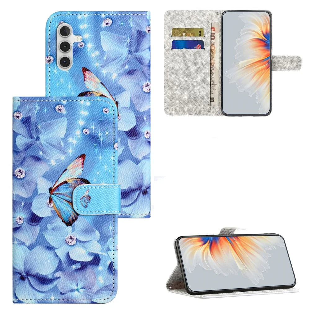 For Samsung Galaxy A55 5G Protective Case 3D Crosshatch PU Leather Wallet Cover - Flower and Butterfly - 7