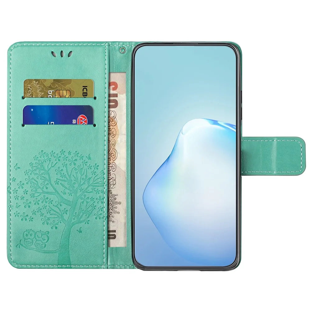 For Samsung Galaxy A55 5G Case Imprint Tree Owl Pattern Leather Phone Cover - Green - 2