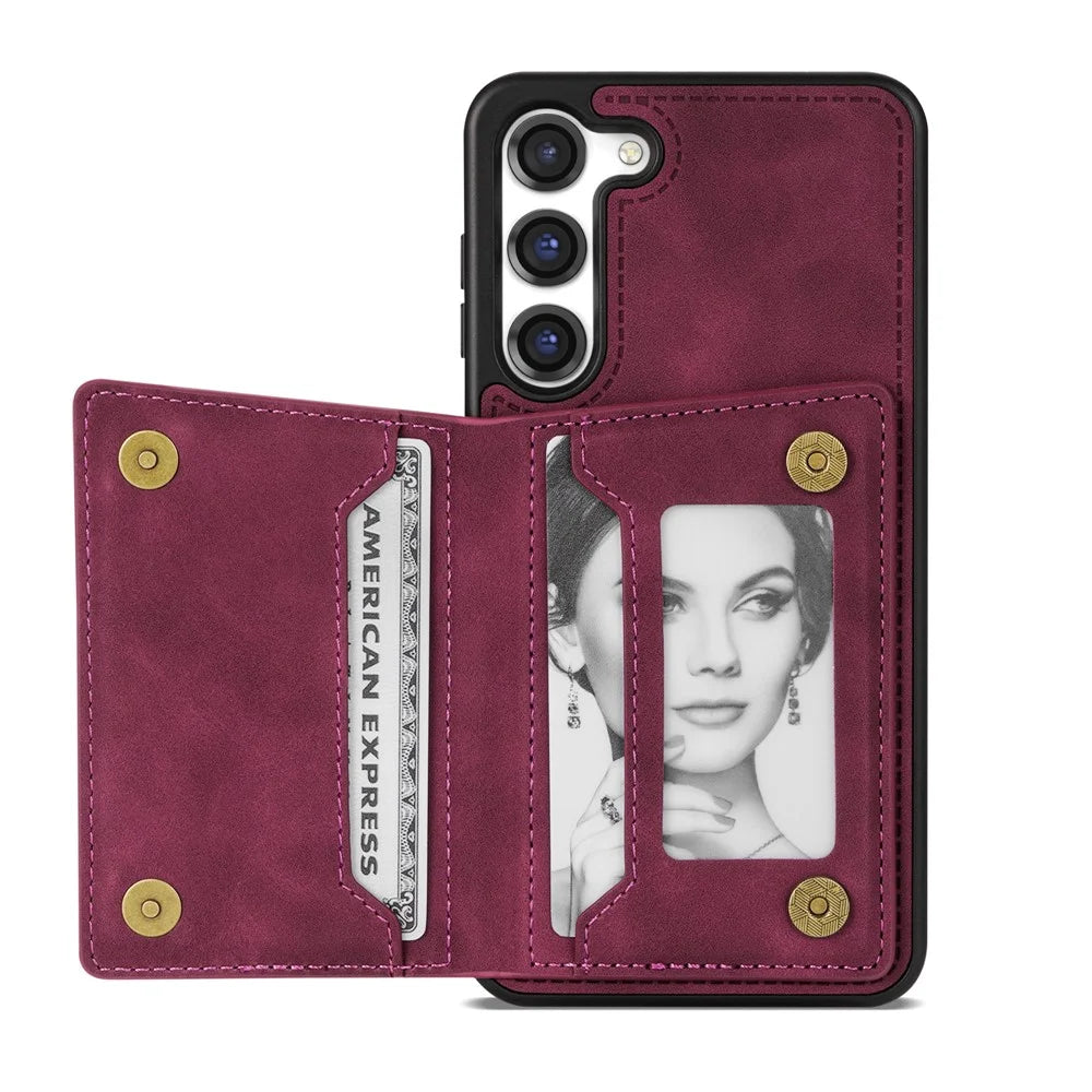 For Samsung Galaxy S24+ Case PU Leather+TPU Card Slots Phone Cover - Wine Red - 4