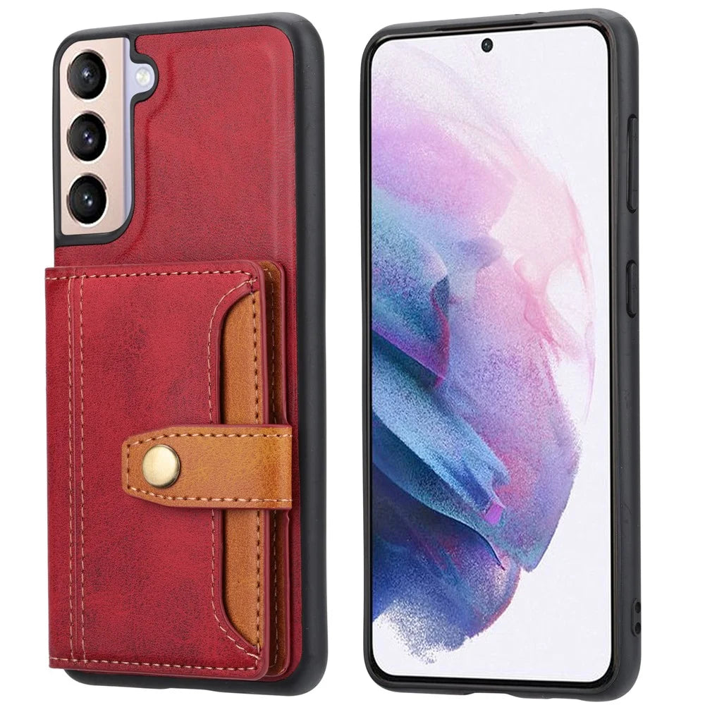 For Samsung Galaxy S24 Cell Phone Case Calf Texture Card Holder PU Leather+TPU Cover - Red - 1