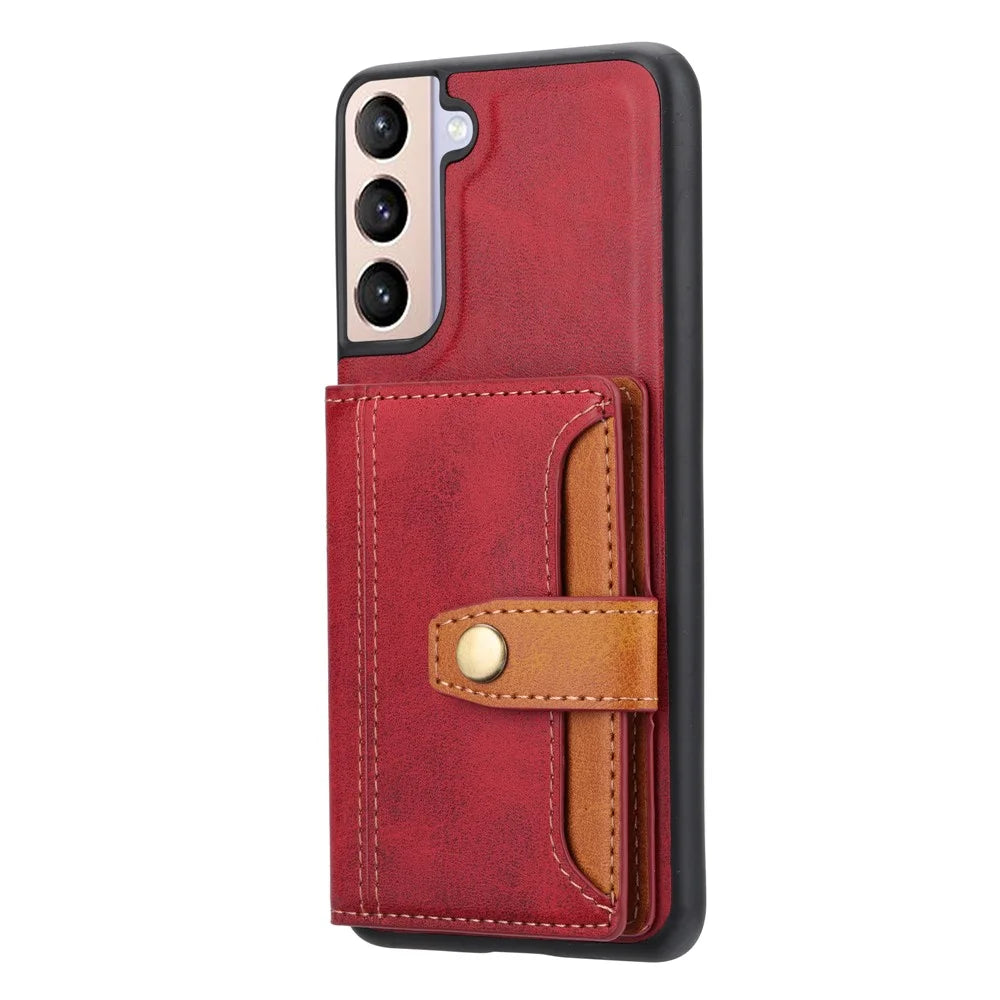 For Samsung Galaxy S24 Cell Phone Case Calf Texture Card Holder PU Leather+TPU Cover - Red - 5
