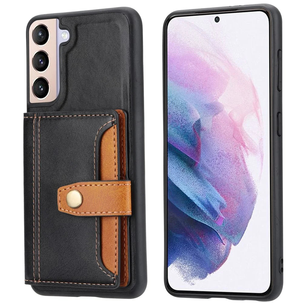 Cell Phone Case for Samsung Galaxy S24+ , Calf Texture Card Holder PU Leather+TPU Cover - Black - 1