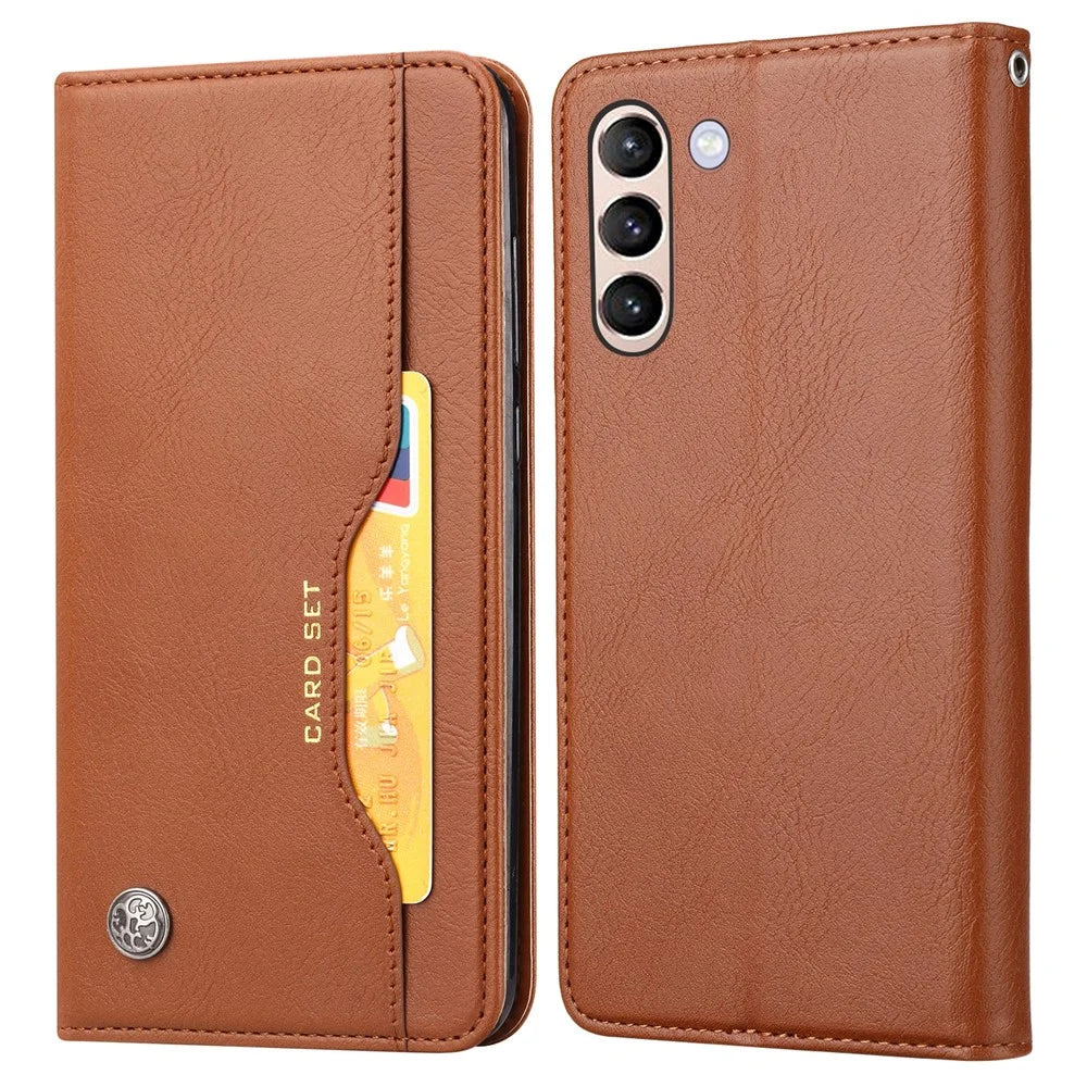 For Samsung Galaxy S24 Cell Phone Case Magnetic Closing PU Leather Wallet Cover - Light Brown - 1
