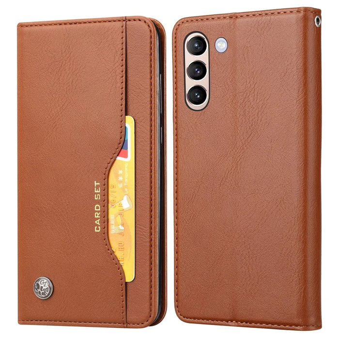 For Samsung Galaxy S24 Cell Phone Case Magnetic Closing PU Leather Wallet Cover - Light Brown - 1