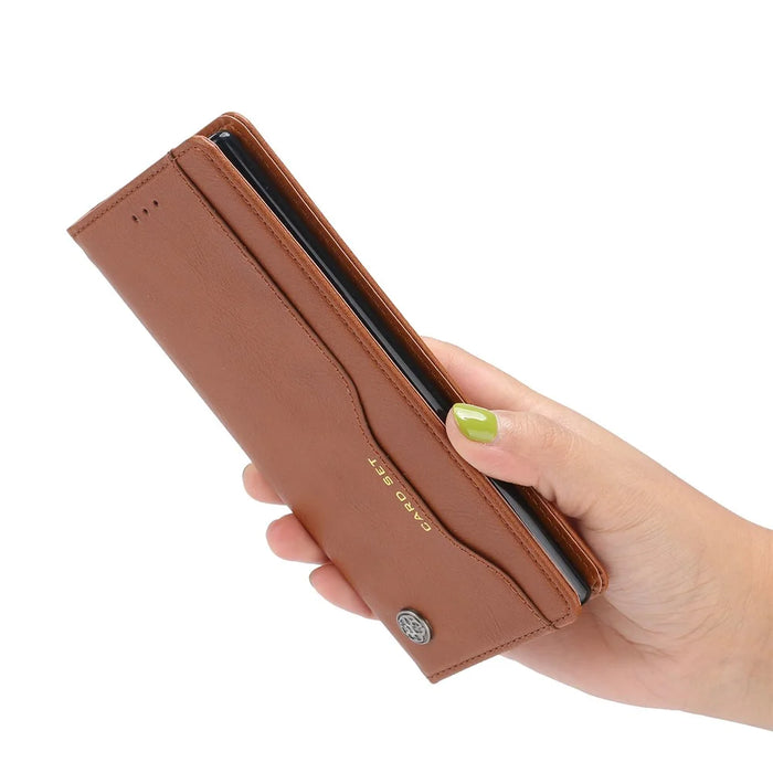 For Samsung Galaxy S24 Cell Phone Case Magnetic Closing PU Leather Wallet Cover - Light Brown - 4