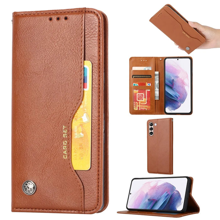 For Samsung Galaxy S24 Cell Phone Case Magnetic Closing PU Leather Wallet Cover - Light Brown - 5