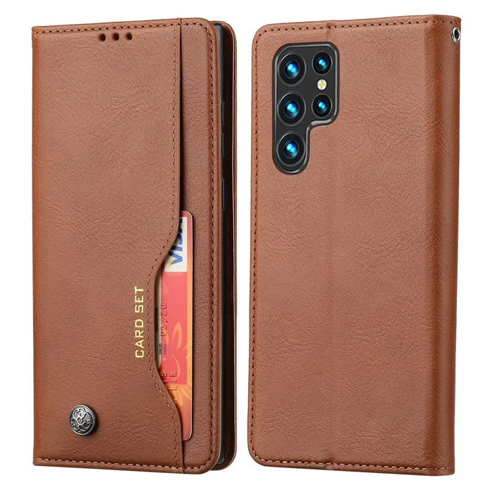 For Samsung Galaxy S24 Ultra Cell Phone Case Magnetic Closing PU Leather Stand Cover - Light Brown - 1