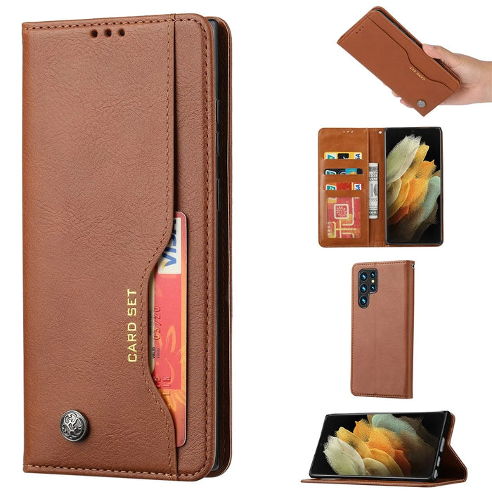For Samsung Galaxy S24 Ultra Cell Phone Case Magnetic Closing PU Leather Stand Cover - Light Brown - 5