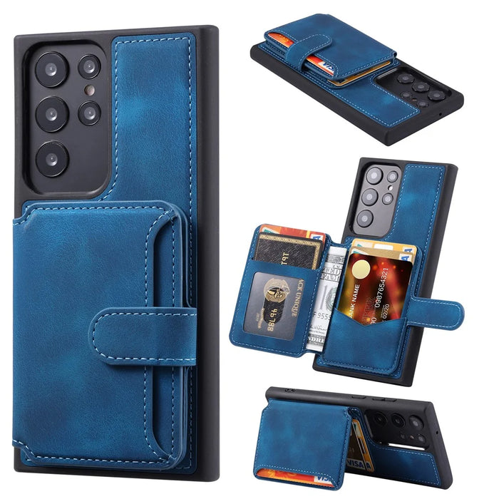 For Samsung Galaxy S24 Ultra Case RFID Blocking Wallet Phone Cover with Card Slot - Navy Blue - 1